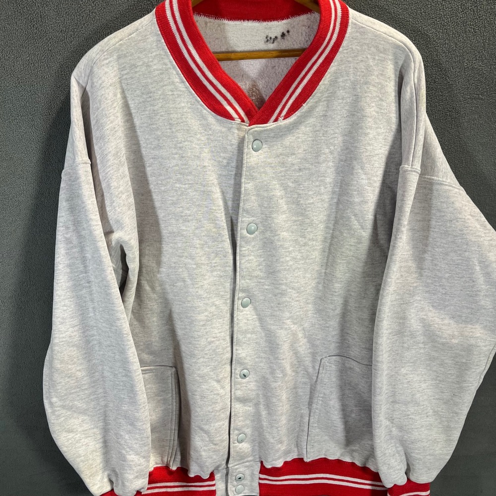 Vintage Heather Gray Varsity Bomber Jacket Snap Front Red Striped Trim XL